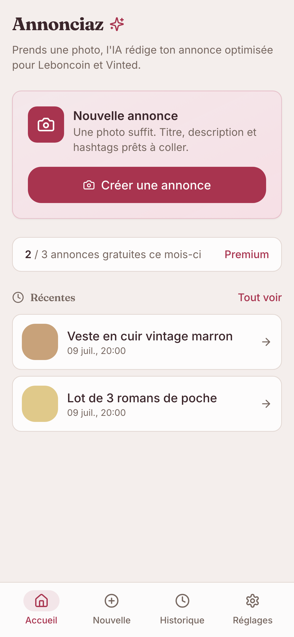 L'application Annonciaz : écran d'accueil, prêt à créer une annonce
