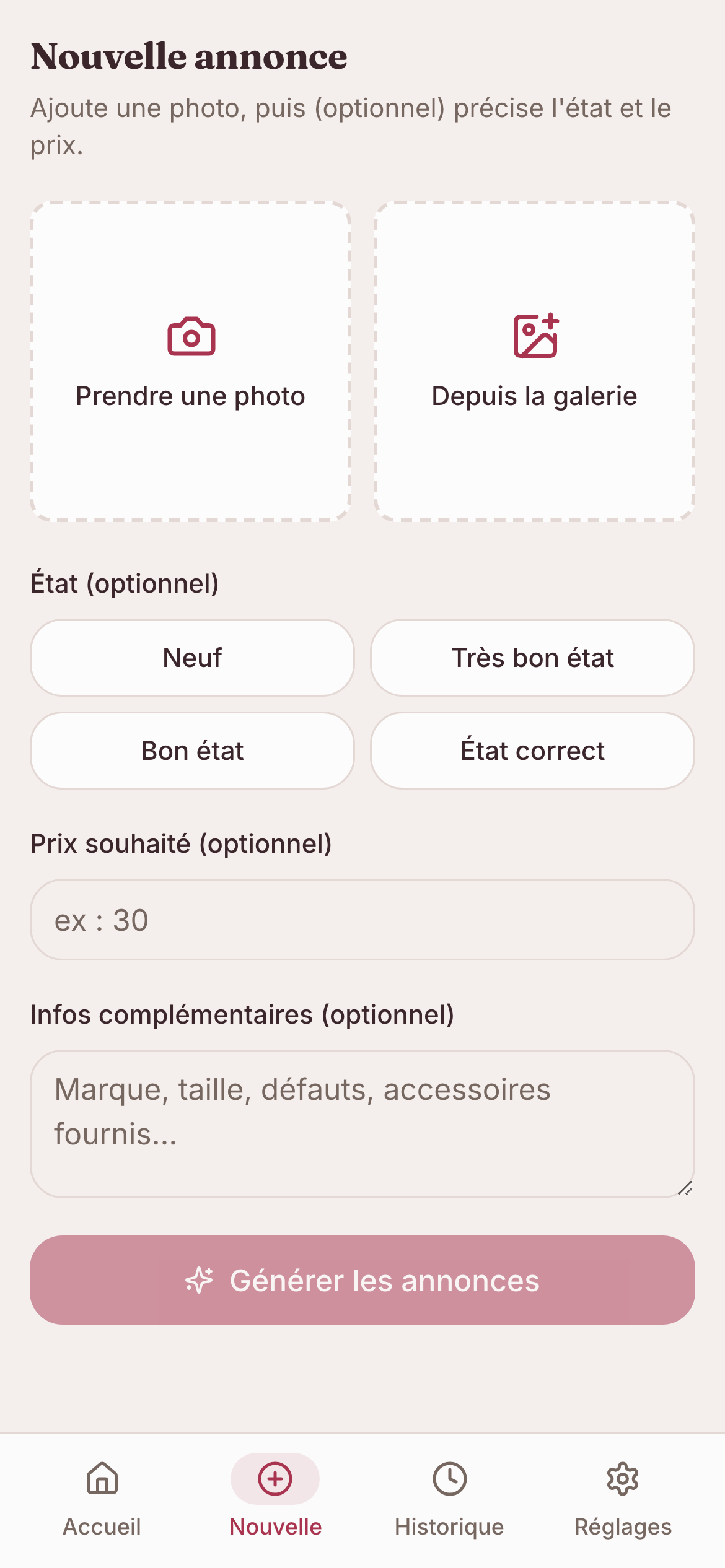 Écran de création : état et prix de l'objet