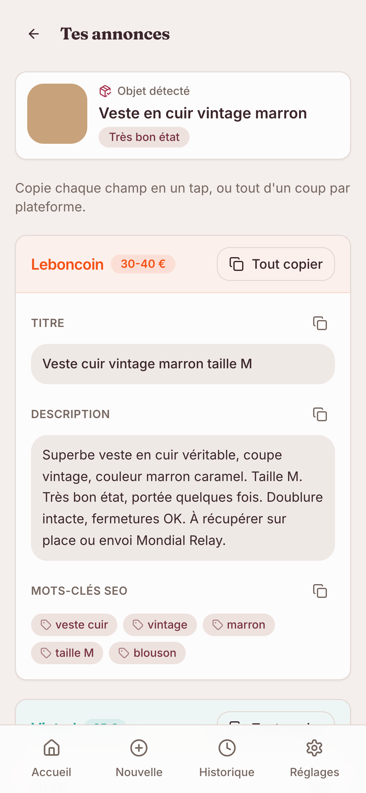 Annonces Leboncoin et Vinted générées, prêtes à coller